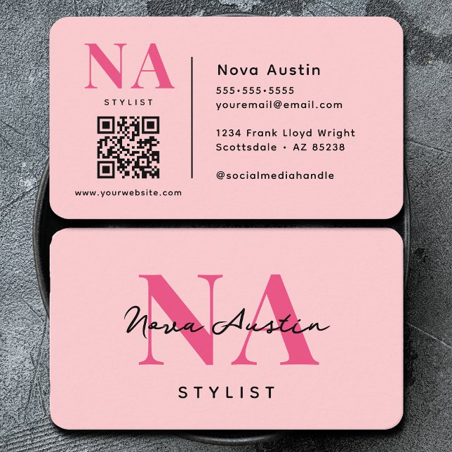 Monogram Lyx Trendig Estetisk Varm Rosa QR-kod Visitkort (Skapare uppladdad)