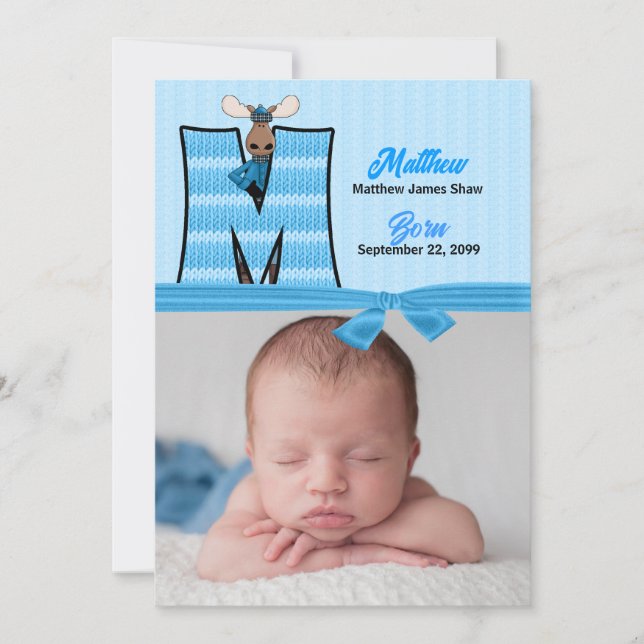 Monogram M Blue Moose Photo Birth Meddelande (Framsida)