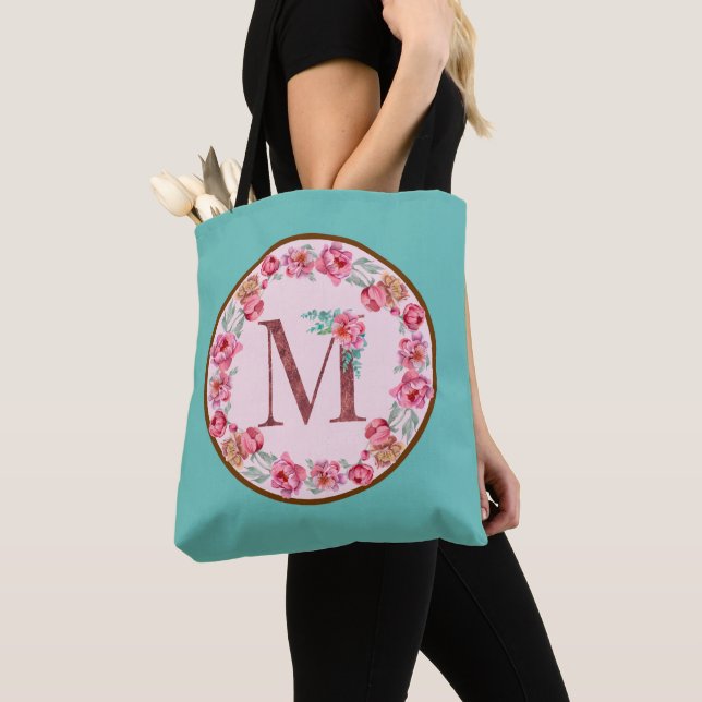 Monogram M Brev med Peony Flower Image Tote Bag Tygkasse (Närbild)