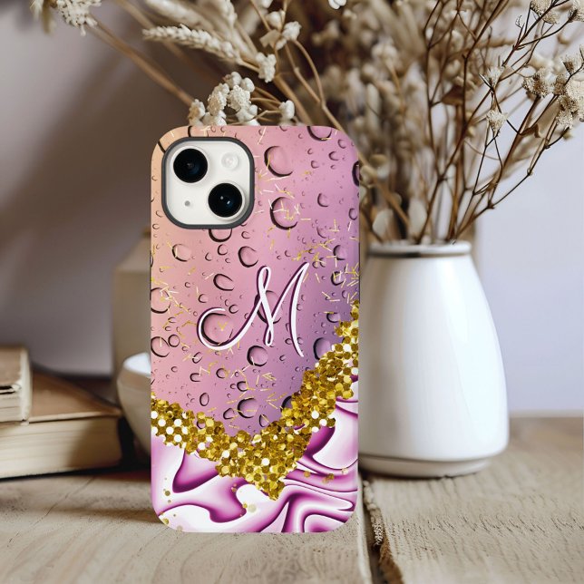 Monogram M Guld Glitter Rosa Fantasy Rain Droplets (Skapare uppladdad)