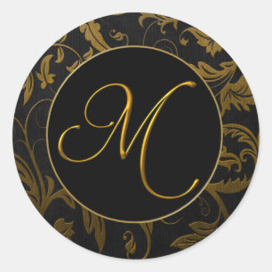 Monogram M Guld och Black Damask Wedding Seal Runt Klistermärke