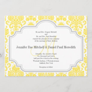 Monogram M Gult Damask Wedding-inbjudningar Inbjudningar