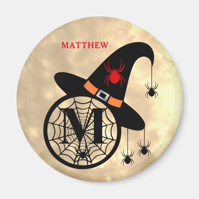 Monogram M Halloween Himlar Witch Spiders Namn Mag Magnet (Framsidan)