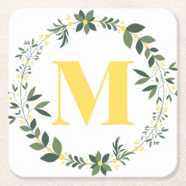Monogram M i Guld/Citron med Blommig Ring Underlägg Papper Kvadrat