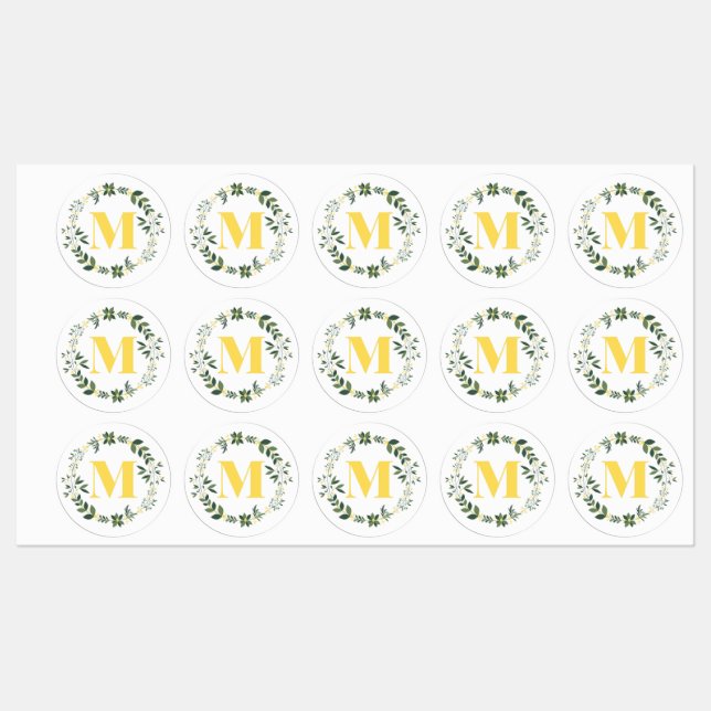 Monogram M i Guld/Lemon med Blommigt Ring Stickers (Ark)