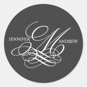 Monogram M Logotyp Namn Bröllopstickers Runt Klistermärke