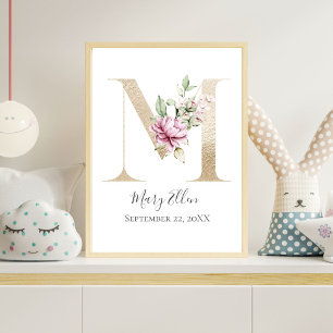 Monogram M Rosa White Blommigt Guld Brev Nursery Poster