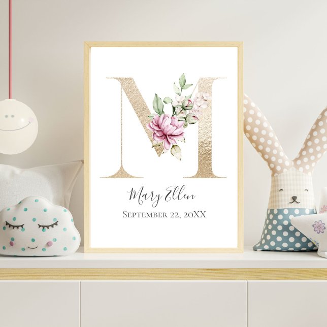 Monogram M Rosa White Blommigt Guld Brev Nursery Poster (Gold Monogram M Letter M with Pink Flowers Wall Art for Nursery or Bedroom)