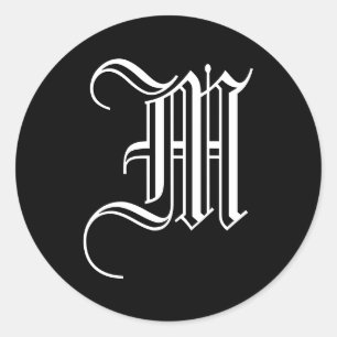 Monogram M Sticker Old English Stil Black White Runt Klistermärke