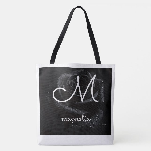 Monogram M Svart Ros Magnolia Vattendroppar Blomma Tygkasse (Framsida)