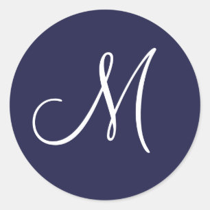 Monogram M White på marinblå, Runt Klistermärke