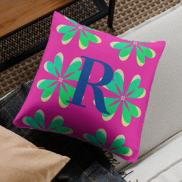 Monogram Magenta Emerald Grönt Retro Flower Kudde