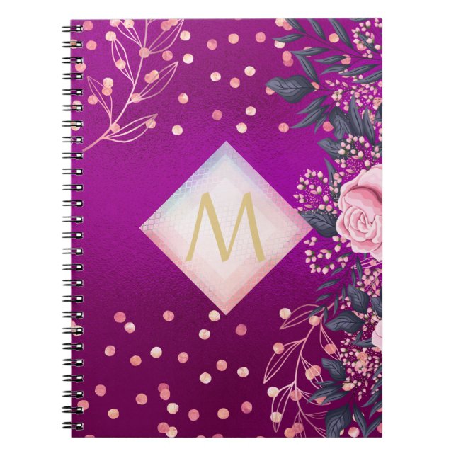Monogram Magenta Rosegold Rosa Metallic Glitter Anteckningsbok (Framsidan)