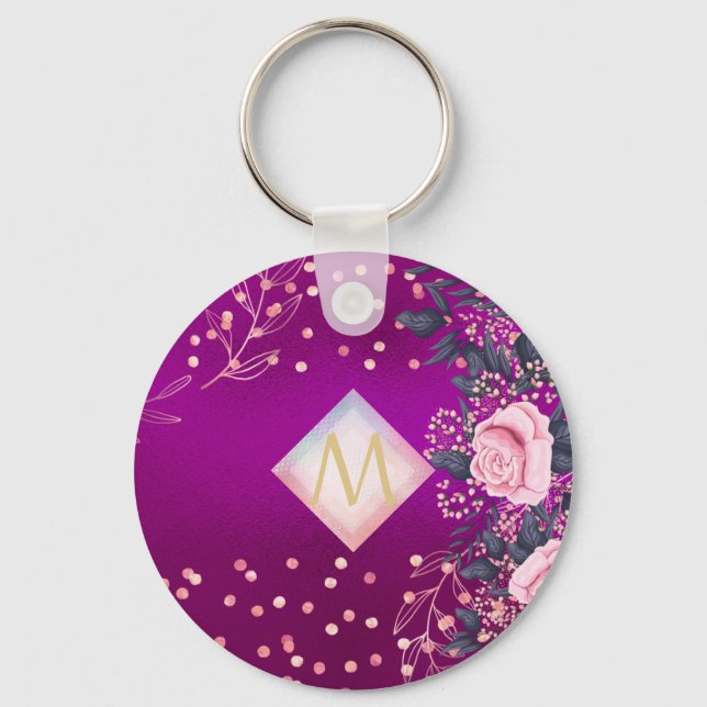 Monogram Magenta Rosegold Rosa Metallic Glitter Nyckelring (Framsida)