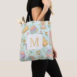 Monogram Magic Books Tote Bag Girly Mint Green Tygkasse