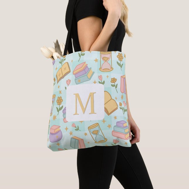 Monogram Magic Books Tote Bag Girly Mint Green Tygkasse (Närbild)