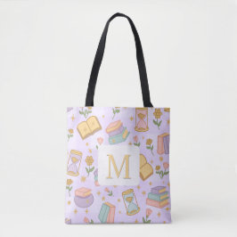Monogram Magic Books Tote Bag Girly Purple Tygkasse