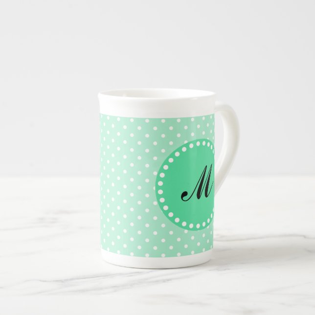 Monogram Magic Mint och White Polka Dot Benporslin Mugg (Framsida höger)