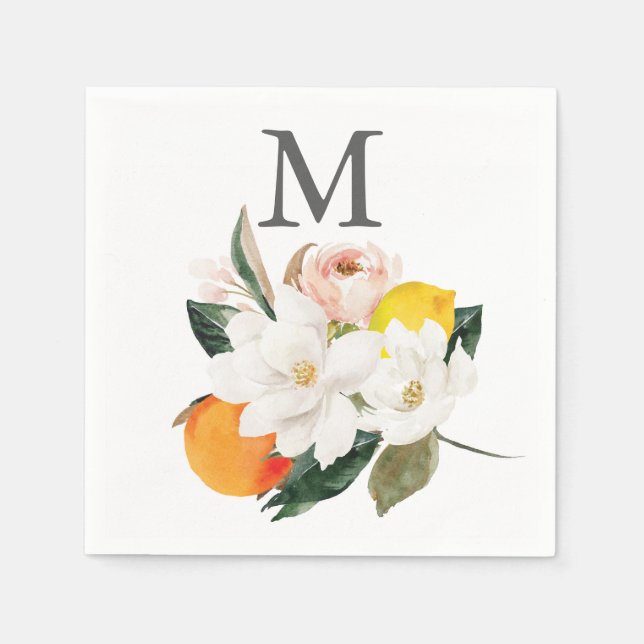 Monogram Magnolia Citrus Bröllop Cocktail Napkin Pappersservett (Framsidan)