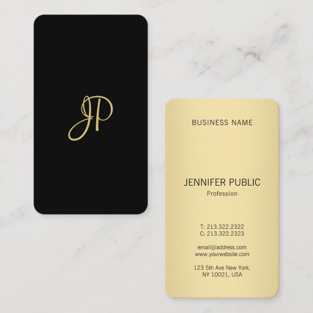 Monogram-mall, Trendig Elegant Black Guld Modern Visitkort (Fram/baksida)