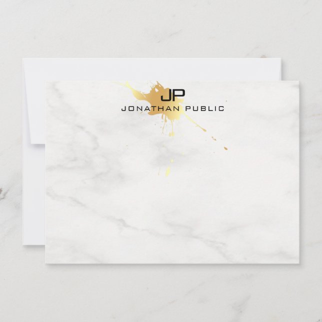 Monogram-mall Vit marble Elegant Guld Stänk Anteckningskort (Framsida)