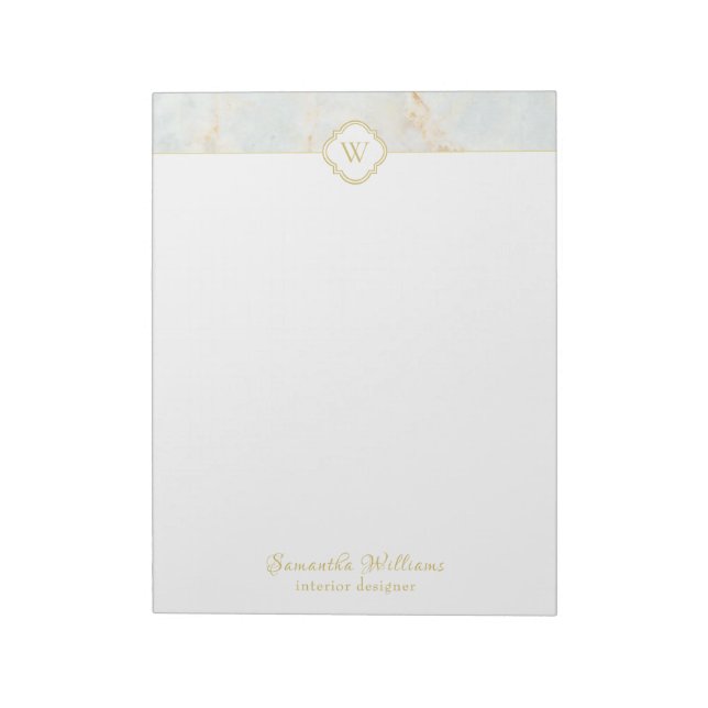 Monogram Marble Elegant White Guld Brev Anteckning Anteckningsblock (Roterad)