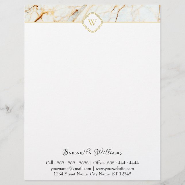 Monogram Marble Elegant White Guld Letterhead Brevhuvud (Framsida)