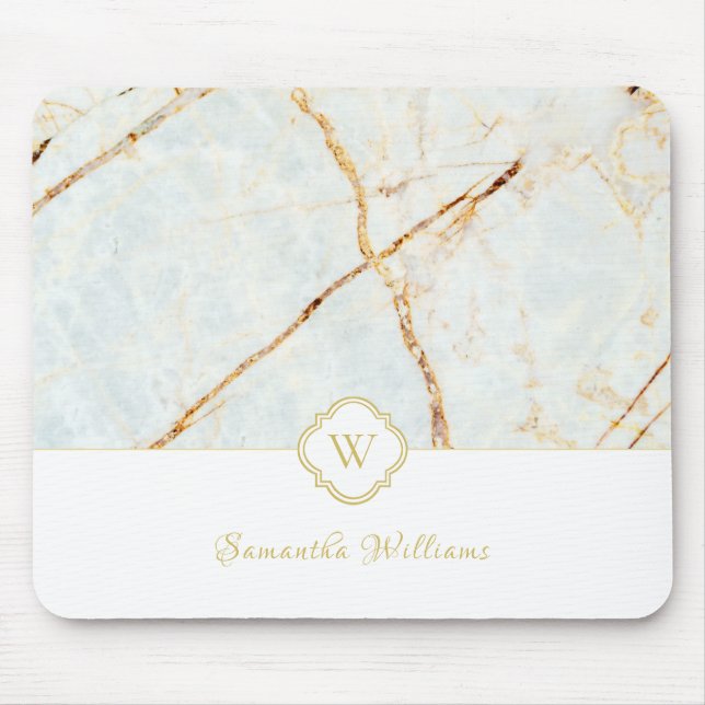 Monogram Marble Elegant White Guld Mousepad Musmatta (Framsidan)