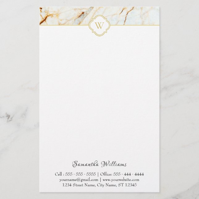 Monogram Marble Elegant White Guld Stationery Brevpapper (Framsida)