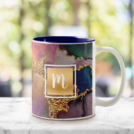 Monogram marble water color guld lila grönt blue Två-Tonad mugg