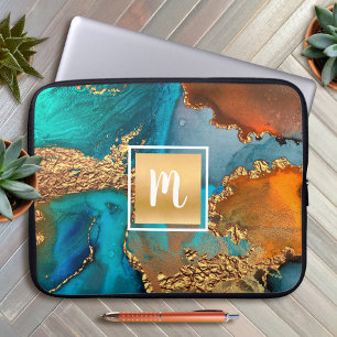 Monogram marble water color guld turkos orange laptop fodral