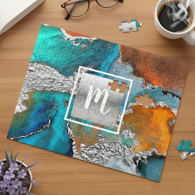 Monogram marble water color silver turkos orange pussel (Skapare uppladdad)