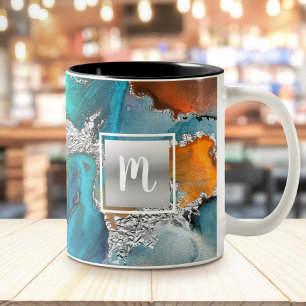 Monogram marble water color silver turkos orange Två-Tonad mugg