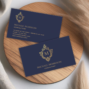Monogram Marinblå Falskt Guld Krestad Vintage Eleg Visitkort