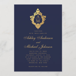 Monogram Marinblå Falskt Guld Vintage Crest Bröllo Inbjudningar