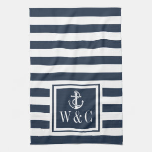 Monogram marinblå rand sjöankare kökshandduk