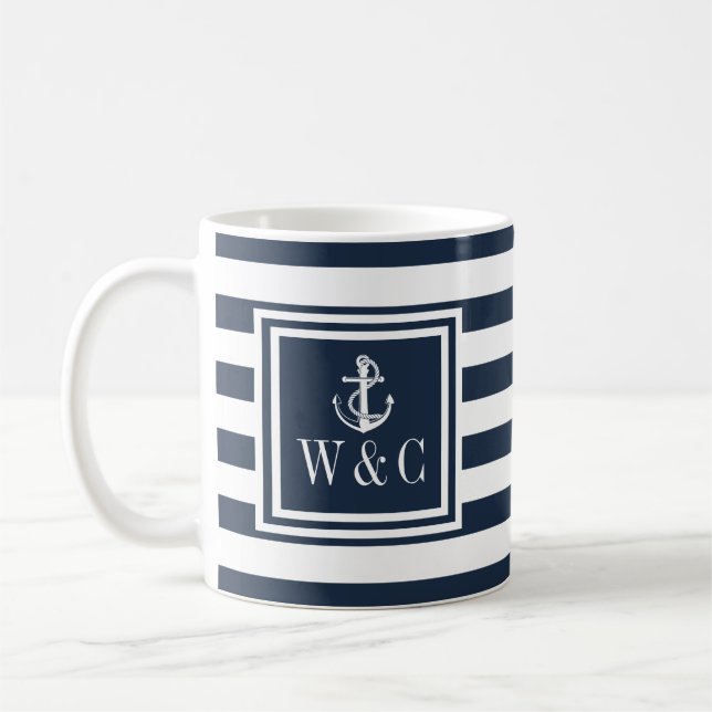 Monogram marinblå rand sjöfart fartyg ankar kaffemugg (Vänster)
