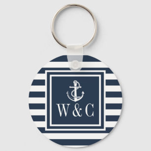 Monogram marinblå randig nautisk båtankare nyckelring