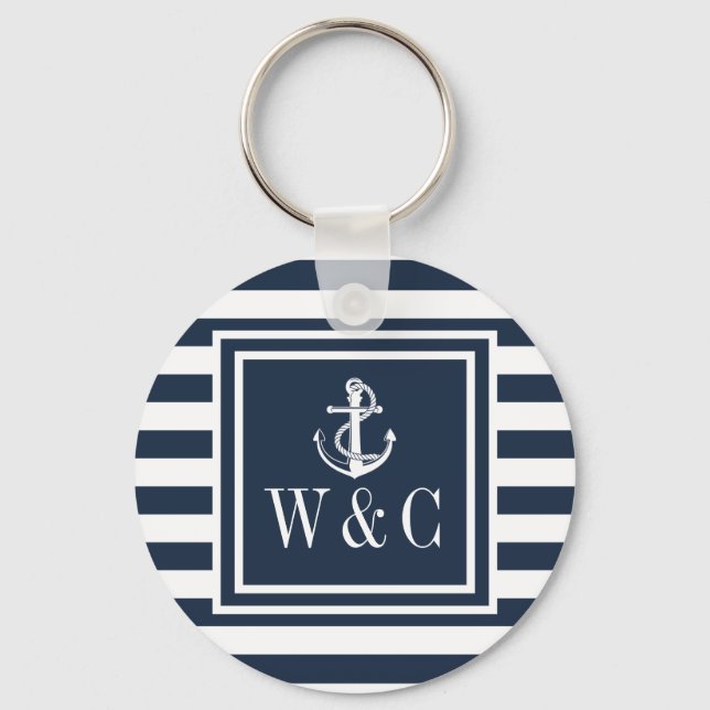 Monogram marinblå randig nautisk båtankare nyckelring (Framsida)