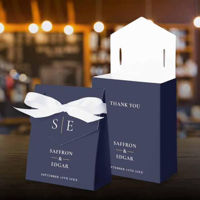 Monogram marinblått och Guld Bröllop Presentaskar (Monogram Navy Blue And Gold Wedding Favor Boxes)