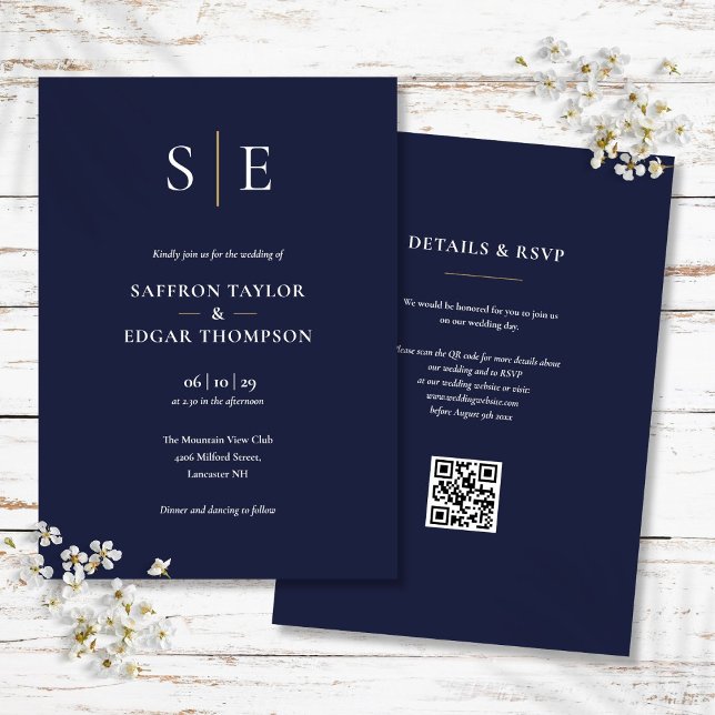 Monogram marinblått och Guld QR-kod Bröllop Inbjudningar (Monogram Navy Blue And Gold QR Code Wedding Invitation)