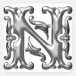 Monogram-märke för silver, ursprungligt N Capital Fyrkantigt Klistermärke
