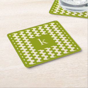Monogram Matcha Lime Grön Djärv Vågig Mönster Underlägg Papper Kvadrat