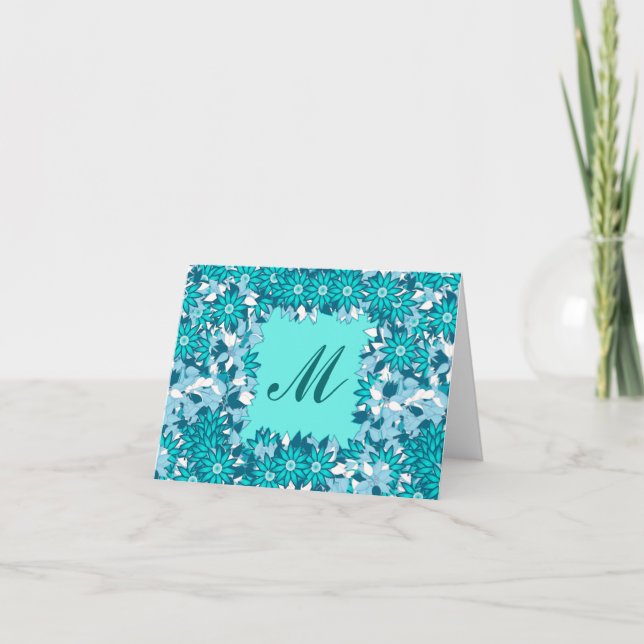 Monogram med blommor - blå och vit anteckningskort (Framsida)