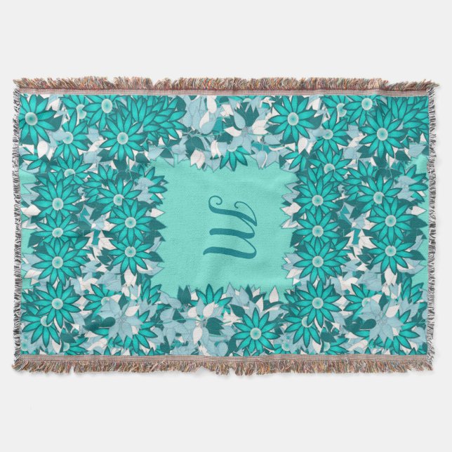 Monogram med blommor - blå och vit mysfilt (Framsidan)