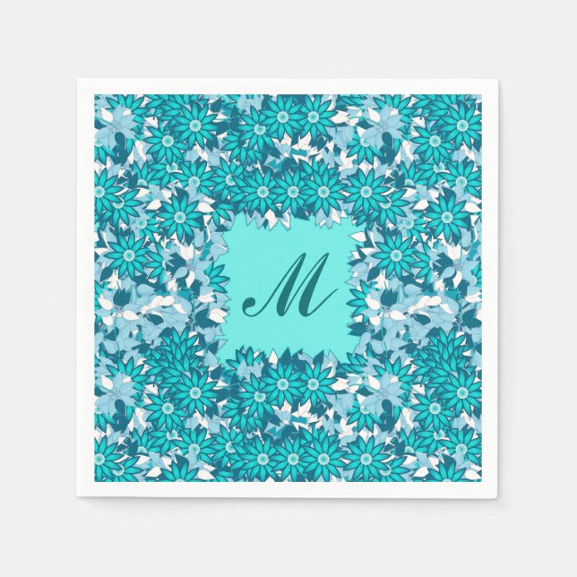 Monogram med blommor - blå och vit pappersservett (Framsidan)