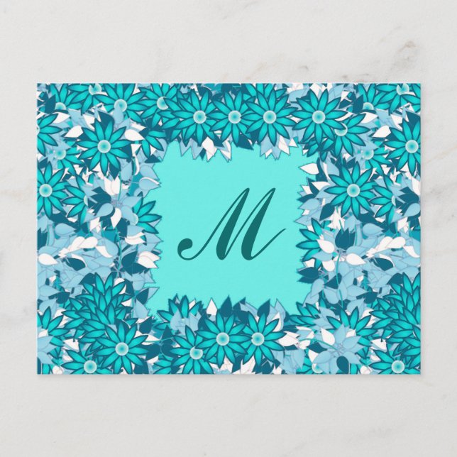 Monogram med blommor - blå och vit vykort (Framsida)
