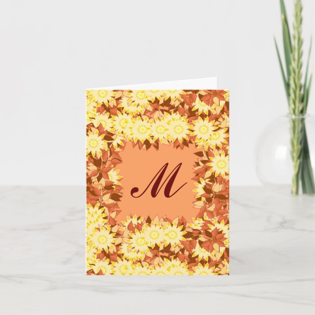 Monogram med blommor - kakao och gult anteckningskort (Framsida)