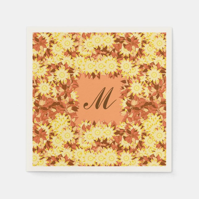 Monogram med blommor - kakao och gult pappersservett (Framsidan)