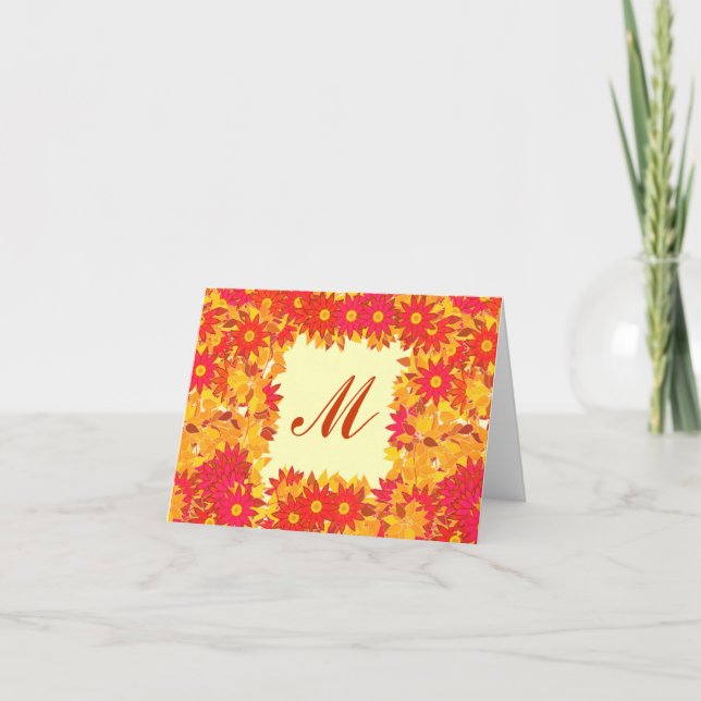 Monogram med blommor - röd och guld anteckningskort (Framsida)